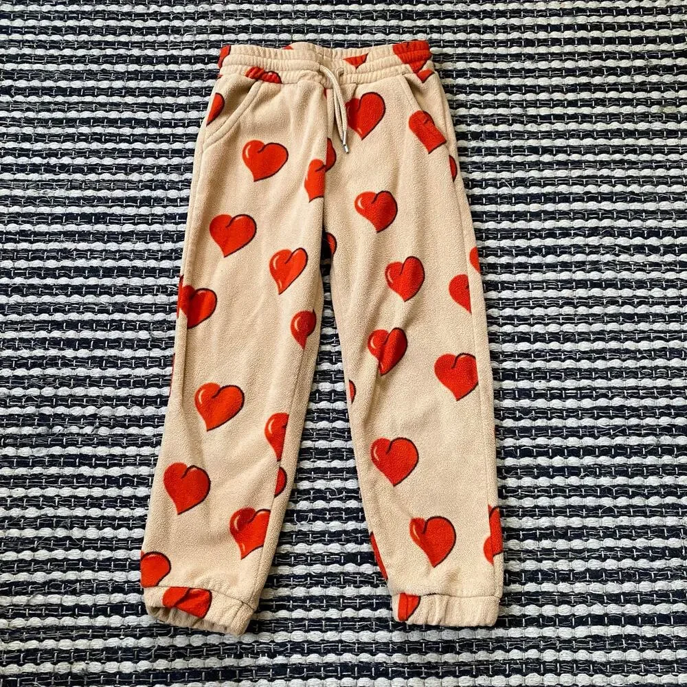 🌿Mini Rodini Girls Cream Red Heart Fleece Drawstring Pants 5/7Y